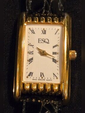 ESQ By Movado Gold Tone Rectangular Dress Watch with Black Leather Strap
